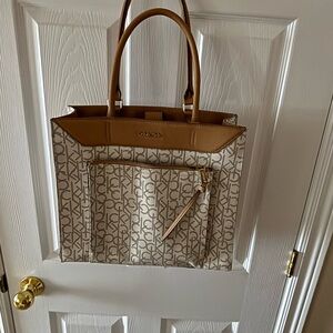 Calvin Klein Tan and Cream Logo Tote Bag